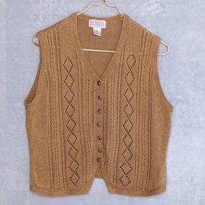 CAMBRIDGE DRY GOODS Brown Pointelle Knit Sleeveless Cardigan Sz L Ramie Cotton
